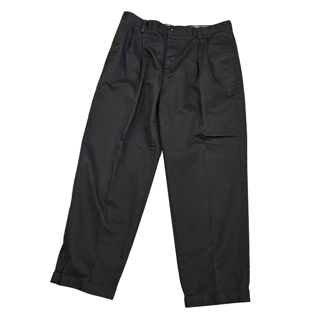 Chaps Men's Black Chino 100% Cotton Pants Size 36X30 Pleated Front Cuffed Legs
